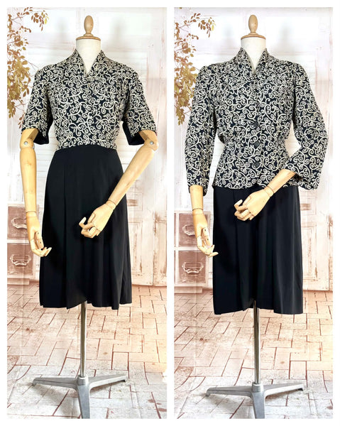 1940s Dress Suit – Scroll Print Jacket with Red Shoulder Stripe Dress