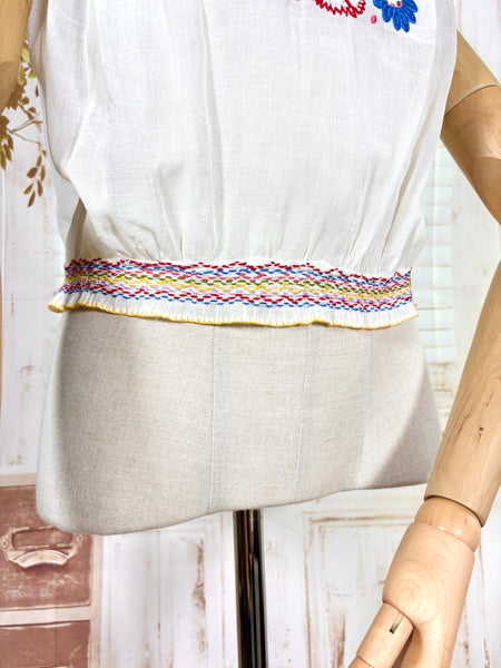 Rare 1930s Hungarian Embroidered Peasant Blouse – Hand Stitched Floral Cotton Top
