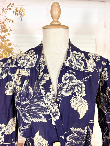 Navy Blue And White 1940s Day Dress With Large Floral Print