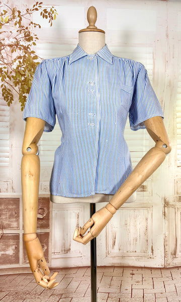 1940s Volup Blue & White Striped Blouse – Gathered Shoulders & Cross-Cut Patch Pocket