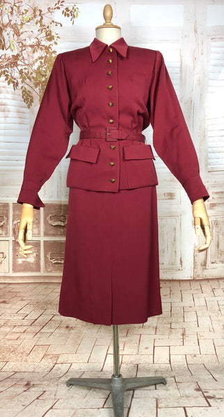 Exceptional 1940s Burgundy Red Gabardine Belted Skirt Suit By Gilbert Original