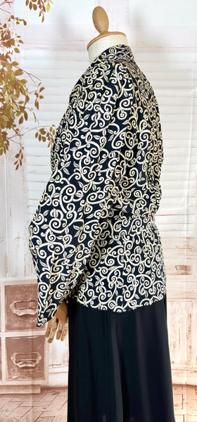 1940s Dress Suit – Scroll Print Jacket with Red Shoulder Stripe Dress