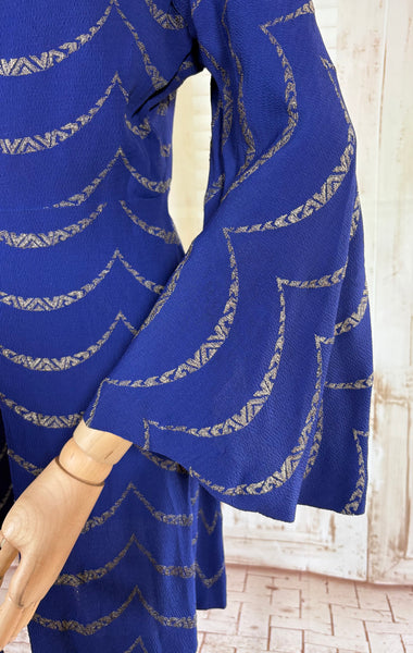 1930s Royal Blue Gold Lamé Chevron Coat | Statement Sleeve Antique Evening Coat