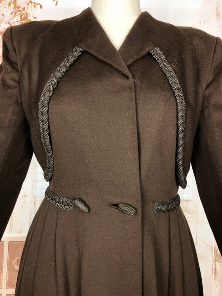 Incredible Original 1940s Vintage Brown Wool Princess Coat With Braided Robe Details