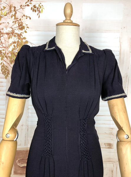 Fabulous Navy 1930s Dress With Puff Sleeves And Rouleau Trim