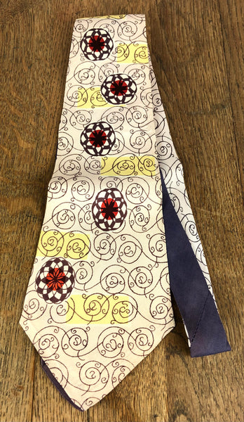 1940s/1950s Cream American Swing Tie with Lattice Medallion & Scroll Print