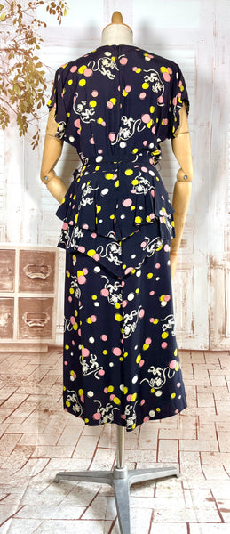 1940s Navy Cold Rayon Novelty Print Dress – Dancing Figures & Abstract Dot Print