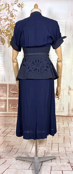 Exceptional 1940s Navy Blue Summer Suit With Pierced Peplum