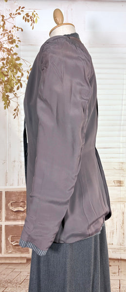 Sharply Tailored 1940s Grey Pinstripe Skirt Suit with Contrast Lapels