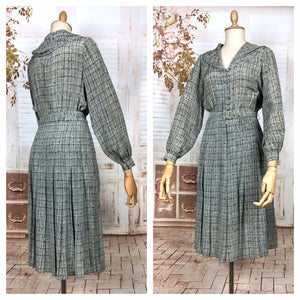 Unusual Late 1930s Vintage Grey Plaid Cold Rayon Dress With Bishop Sleeves