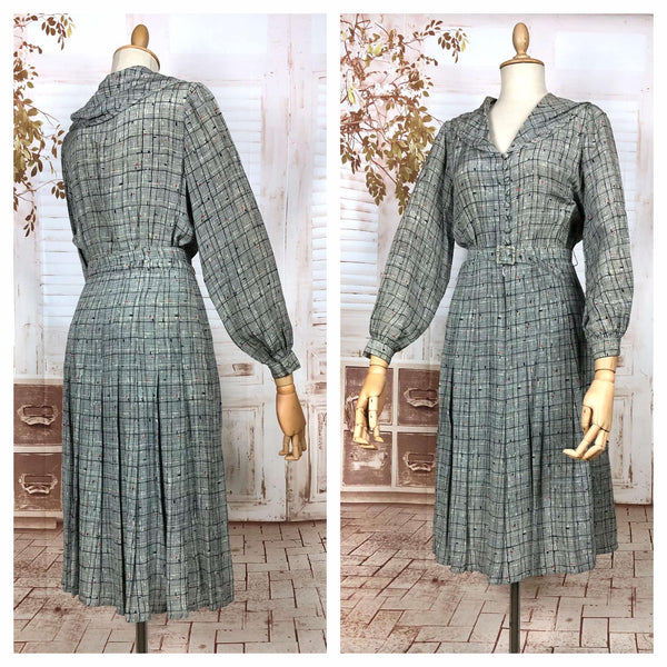 Unusual Late 1930s Vintage Grey Plaid Cold Rayon Dress With Bishop Sleeves