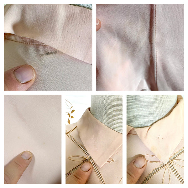 1940s Blush Pink Rayon Crepe Blouse – Lattice Openwork & Petal Embroidery