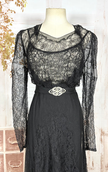 1930s Black Lace Evening Gown with Statement Buckle Detail - Femme Fatale