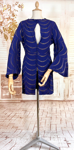 1930s Royal Blue Gold Lamé Chevron Coat | Statement Sleeve Antique Evening Coat