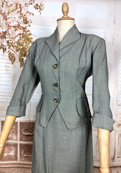 Stunning Grey 1940s Vintage Herringbone Skirt Suit With Statement Pockets By Cay Artley