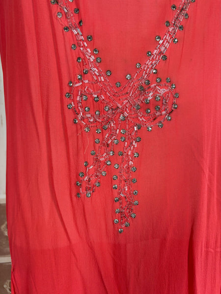 1920s Coral Silk Chiffon Beaded Flapper Dress