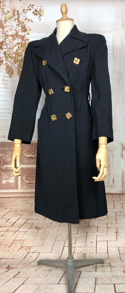 Exquisite Original 1940s Vintage Navy Blue Double Breasted Princess Coat With Huge Gold Statement Buttons