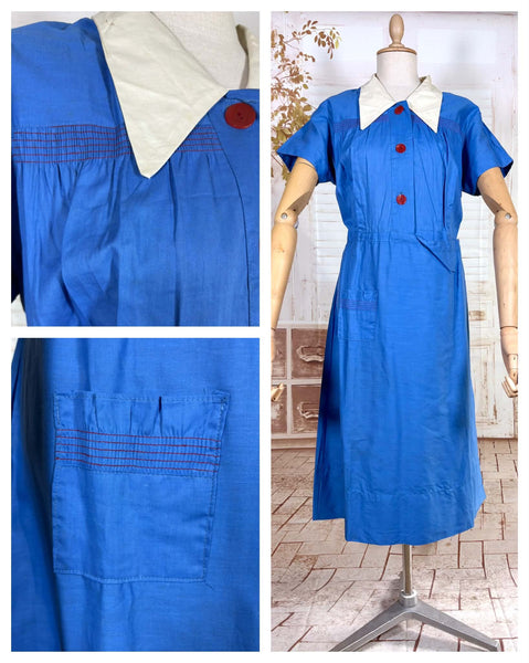 Vibrant Volup 1940s Cornflower Blue Day Dress with Ivory Collar