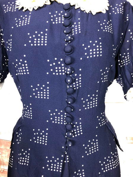 Fabulous Original Late 1930s Volup Vintage Navy Blue And White Abstract Print Dress And Jacket Set