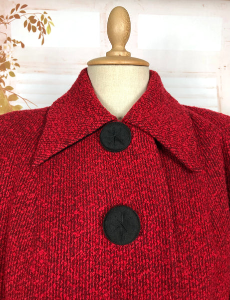 Exquisite Volup Lipstick Red 1940s Boucle Swing Coat With Huge Bishop Sleeves
