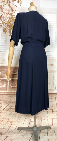 Stunning Original 1940s Volup Vintage Navy Blue Belted Dress With Illusion Bust