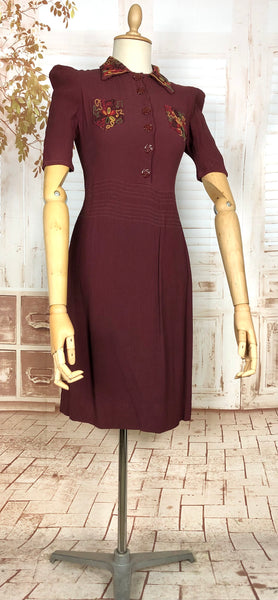 Amazing 1930s Burgundy Crepe Dress With Puff Sleeves And Colourful Crewel Embroidery