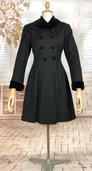 Fabulous Late 1940s Black Double Breasted Princess Coat With Belt Back