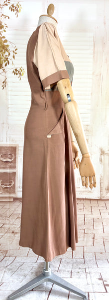 1940s Colour Block Day Dress in Mocha, Cream & Dusty Blue