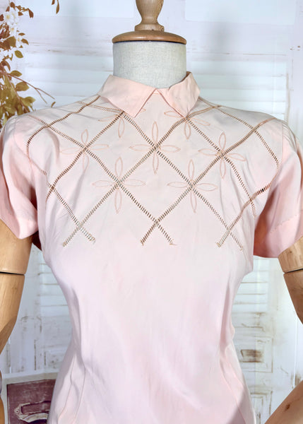 1940s Blush Pink Rayon Crepe Blouse – Lattice Openwork & Petal Embroidery