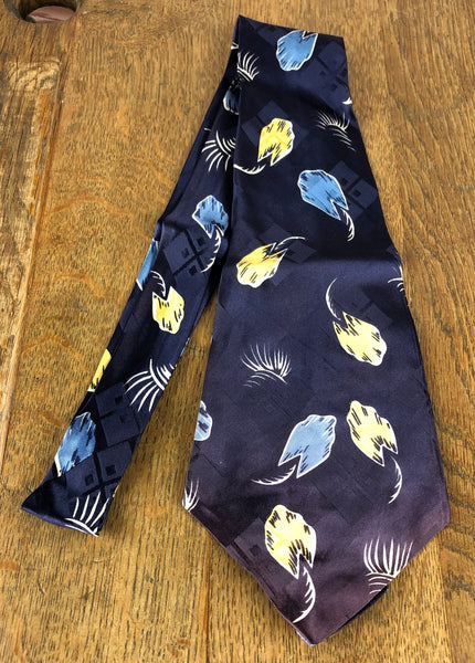 1940s Navy American Rayon Swing Tie with Blue & Yellow Abstract Leaf Print