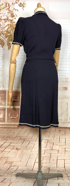 Fabulous Navy 1930s Dress With Puff Sleeves And Rouleau Trim