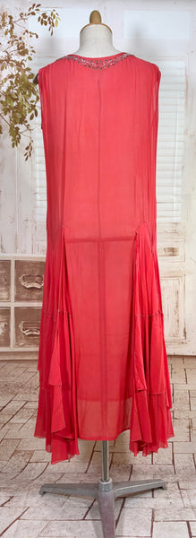1920s Coral Silk Chiffon Beaded Flapper Dress