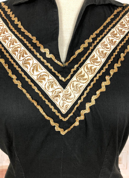 Fabulous Original 1950s Vintage Black And Gold Trimmed Patio Blouse