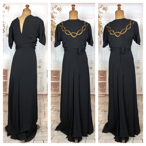 Wonderful Original Late 1930s / Early 1940s Vintage Black Evening Gown With Gold Beading