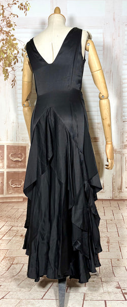 Exquisite Black Late 1920s / Early 1930s Silk Satin Evening Dress With Ruffle Details