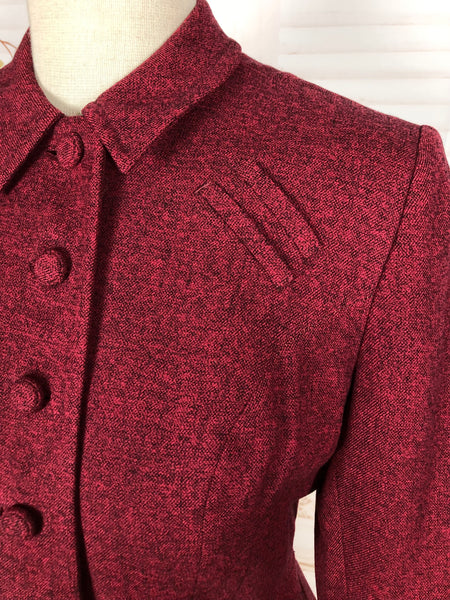 Striking Red Tweed 1940s Vintage Skirt Suit