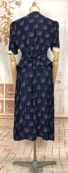 Fabulous Original Late 1930s Volup Vintage Navy Blue And White Abstract Print Dress And Jacket Set