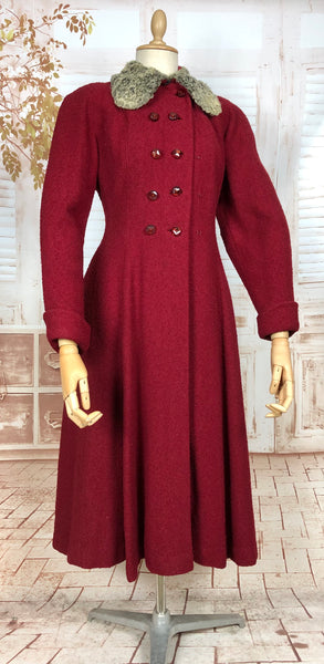 Incredible Original 1940s Red Princess Coat With Astrakhan Collar