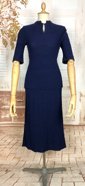 Cozy 1940s Royal Blue Knit Set with Geometric Detailing