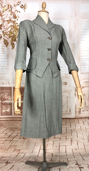 Stunning Grey 1940s Vintage Herringbone Skirt Suit With Statement Pockets By Cay Artley