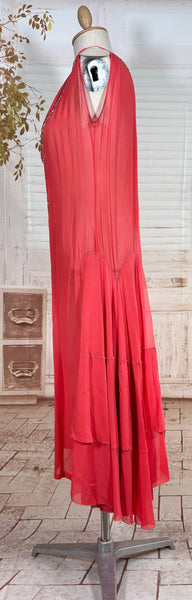 1920s Coral Silk Chiffon Beaded Flapper Dress