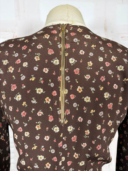 1930s Chocolate Brown Floral Crepe Dress with Pointed Cuffs