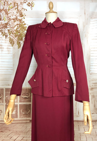 Stunning Original 1940s Vintage Deep Red Pocket Detail Suit By Betty Rose
