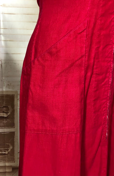 Amazing Lipstick Red 1940s Corduroy Zip Front Dress