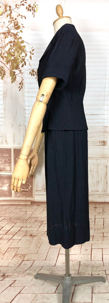 Exquisite Original 1940s Vintage Navy Blue Crepe Skirt Suit With Pin Tucks