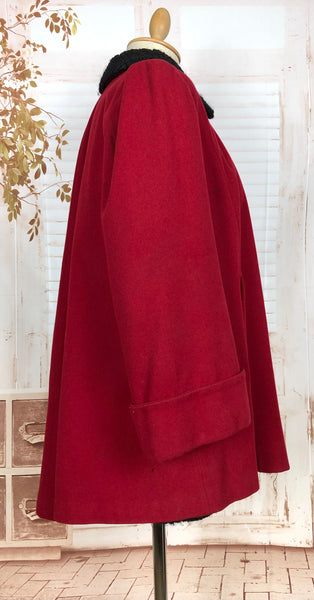 1940s Red Wool Swing Coat by Worth of Boston with Astrakhan Lining