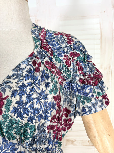 Late 1930s / Early 1940s Tiered Floral Day Dress with Velvet Trim