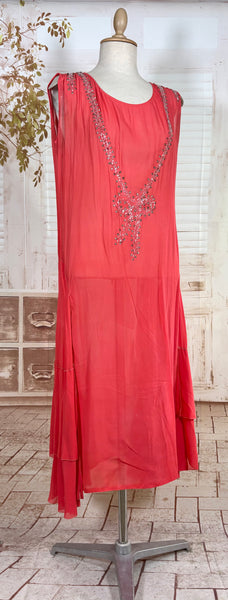 1920s Coral Silk Chiffon Beaded Flapper Dress