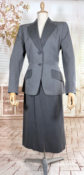 Sharply Tailored 1940s Grey Pinstripe Skirt Suit with Contrast Lapels