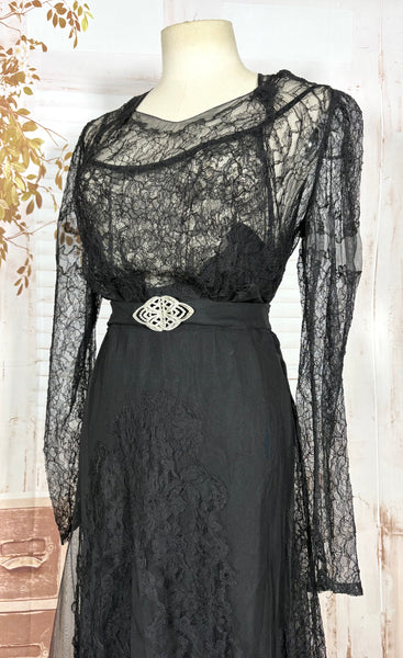 1930s Black Lace Evening Gown with Statement Buckle Detail - Femme Fatale
